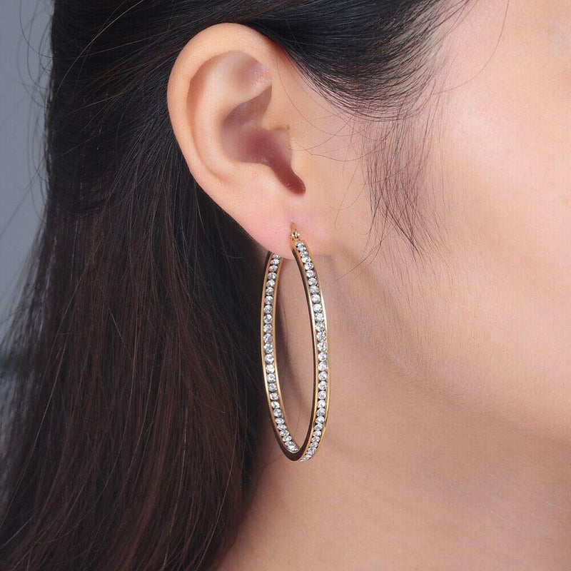 CiNily Gold Hoop Earrings for Women Yellow Gold Plated Stainless Steel Cubic Zirconia Ladies Large Big Hoop Earrings 2" - Image 4
